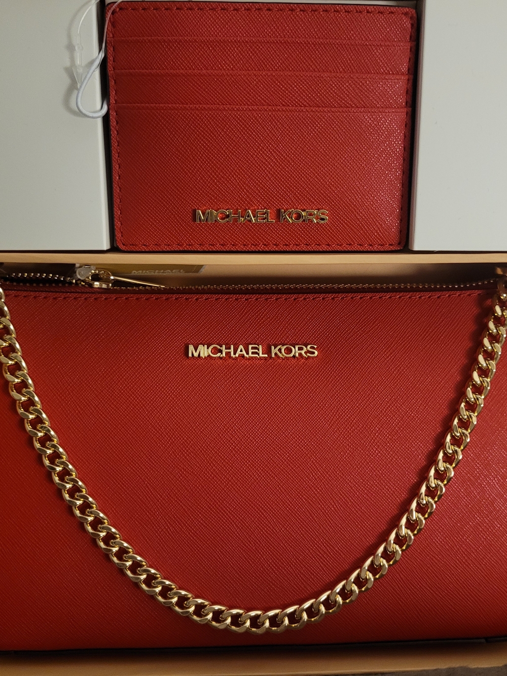 Michael Kors Cherry Red Leather Chain Crossbody with Card Case